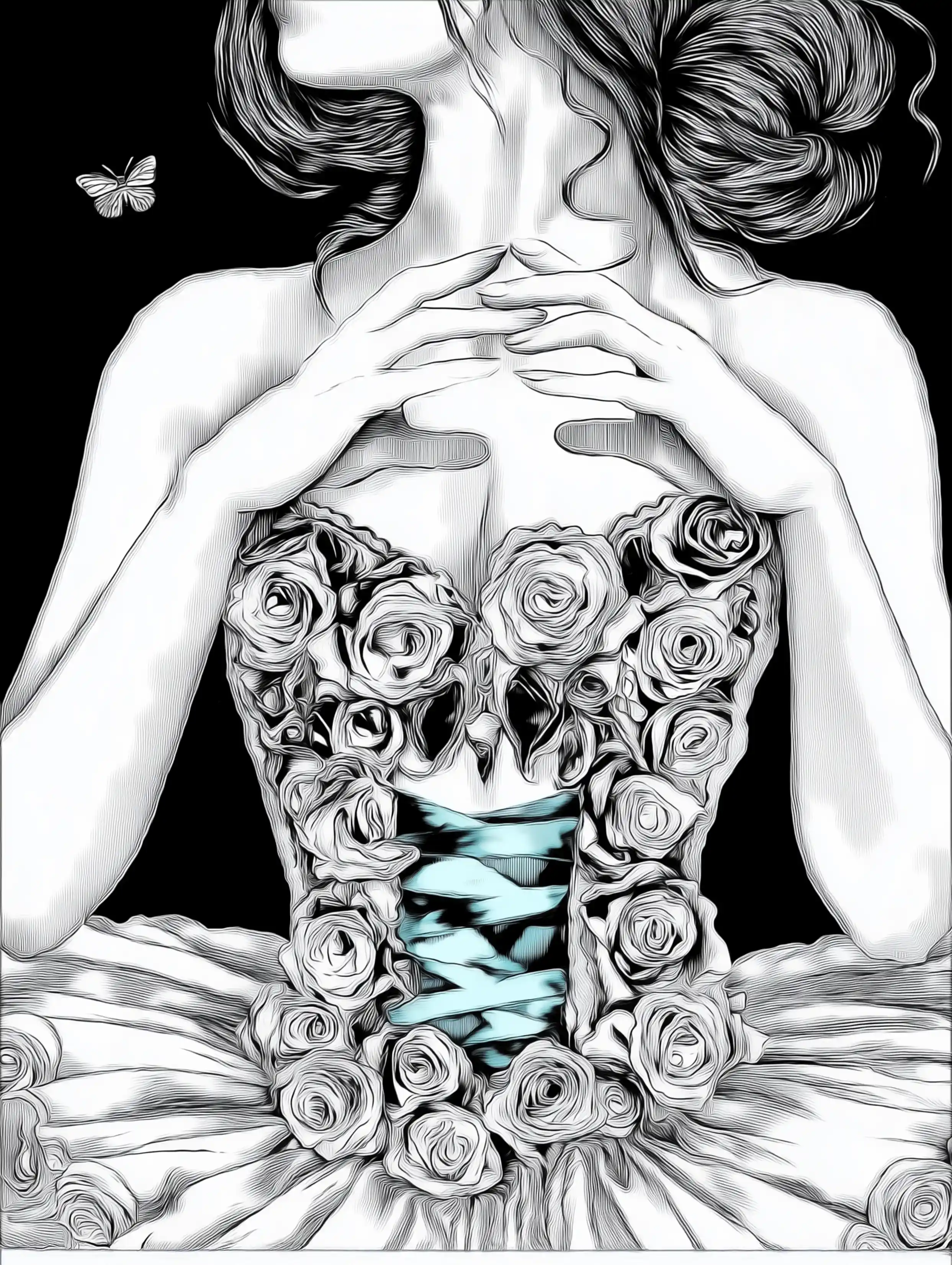 Free ballerina coloring page for adults featuring blue ribbon ballerina